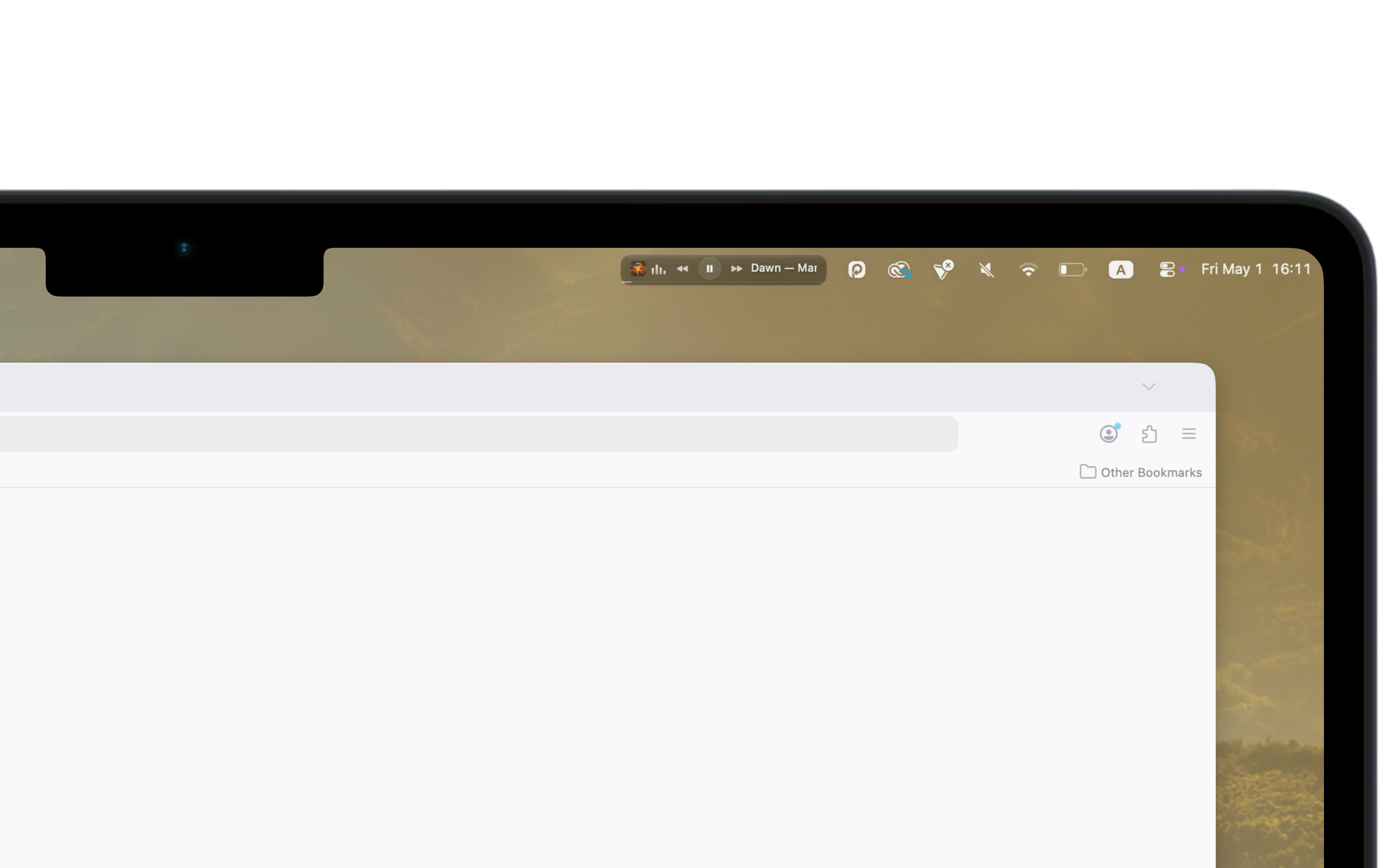 Sonant pill in the macOS menu bar of a MacBook Pro, sitting against a warm-toned wallpaper